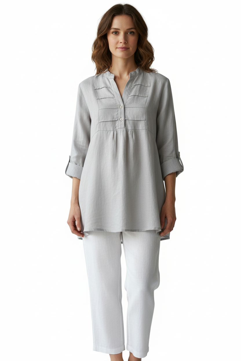 Linen Tunic Top with Collar and Pintuck Detail - Tori