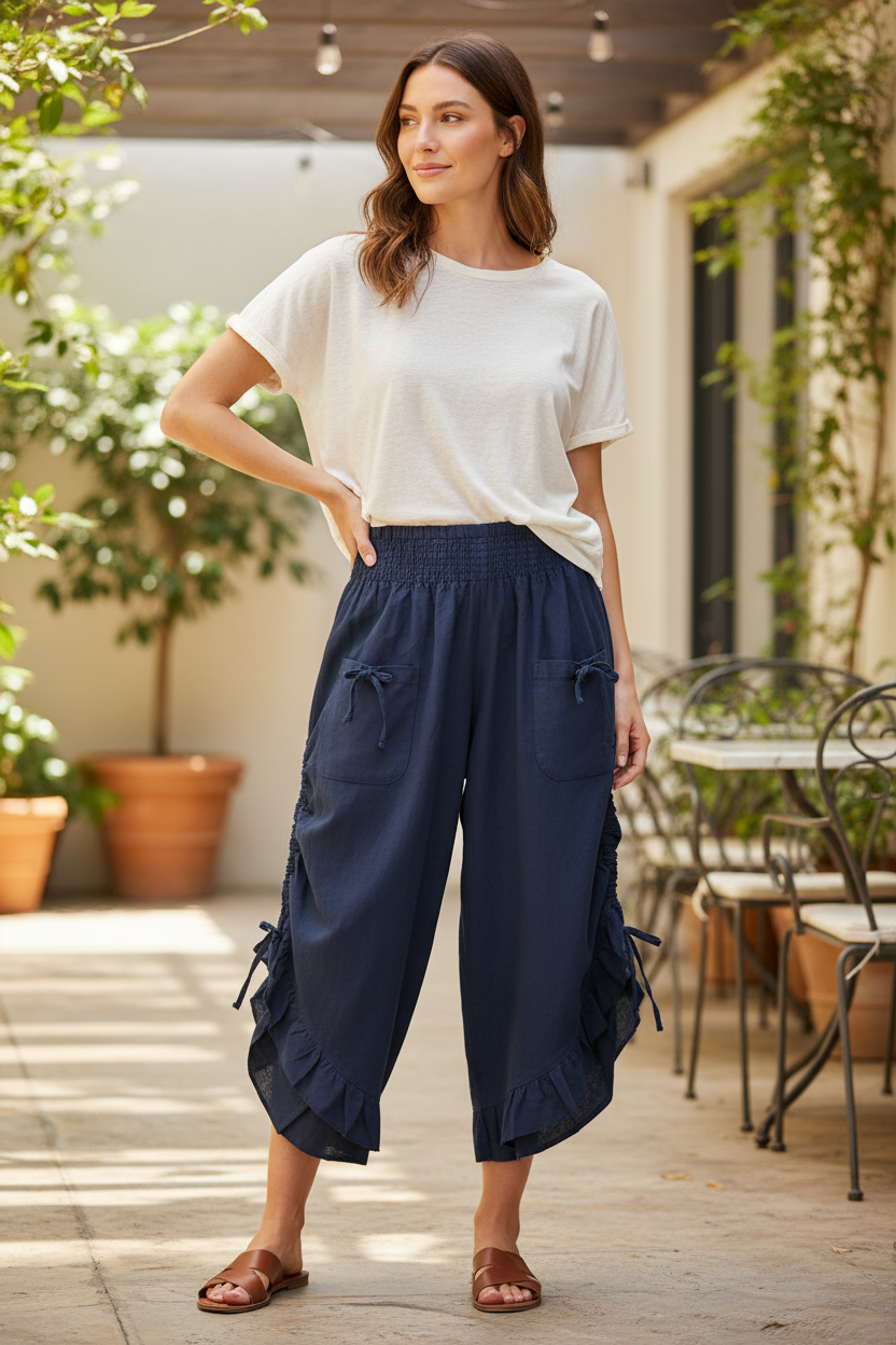 Cotton Wide Leg Bloomer Pants - Solid Colors with Elastic Waist & Tie Pockets