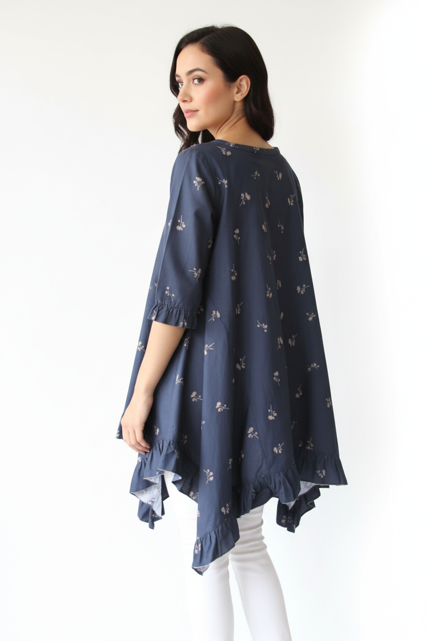 Navy Blue Floral Cotton Swing Top - Layla Tunic with Ruffles