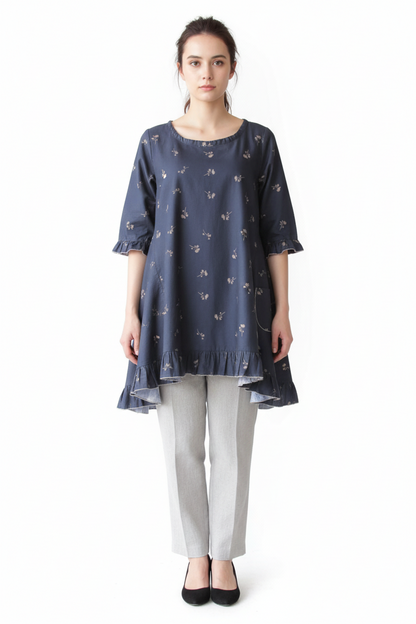 Navy Blue Floral Cotton Swing Top - Layla Tunic with Ruffles