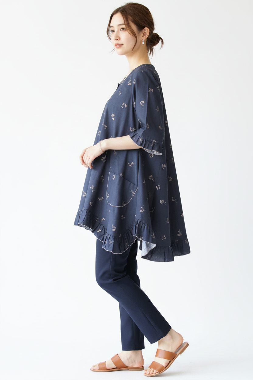 Navy Blue Floral Cotton Swing Top - Layla Tunic with Ruffles