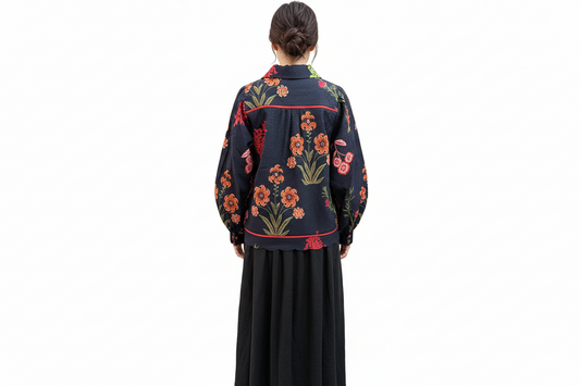 Umgee Floral Embroidered Top: Navy Blue with Colorful Flowers & Red Piping Trim