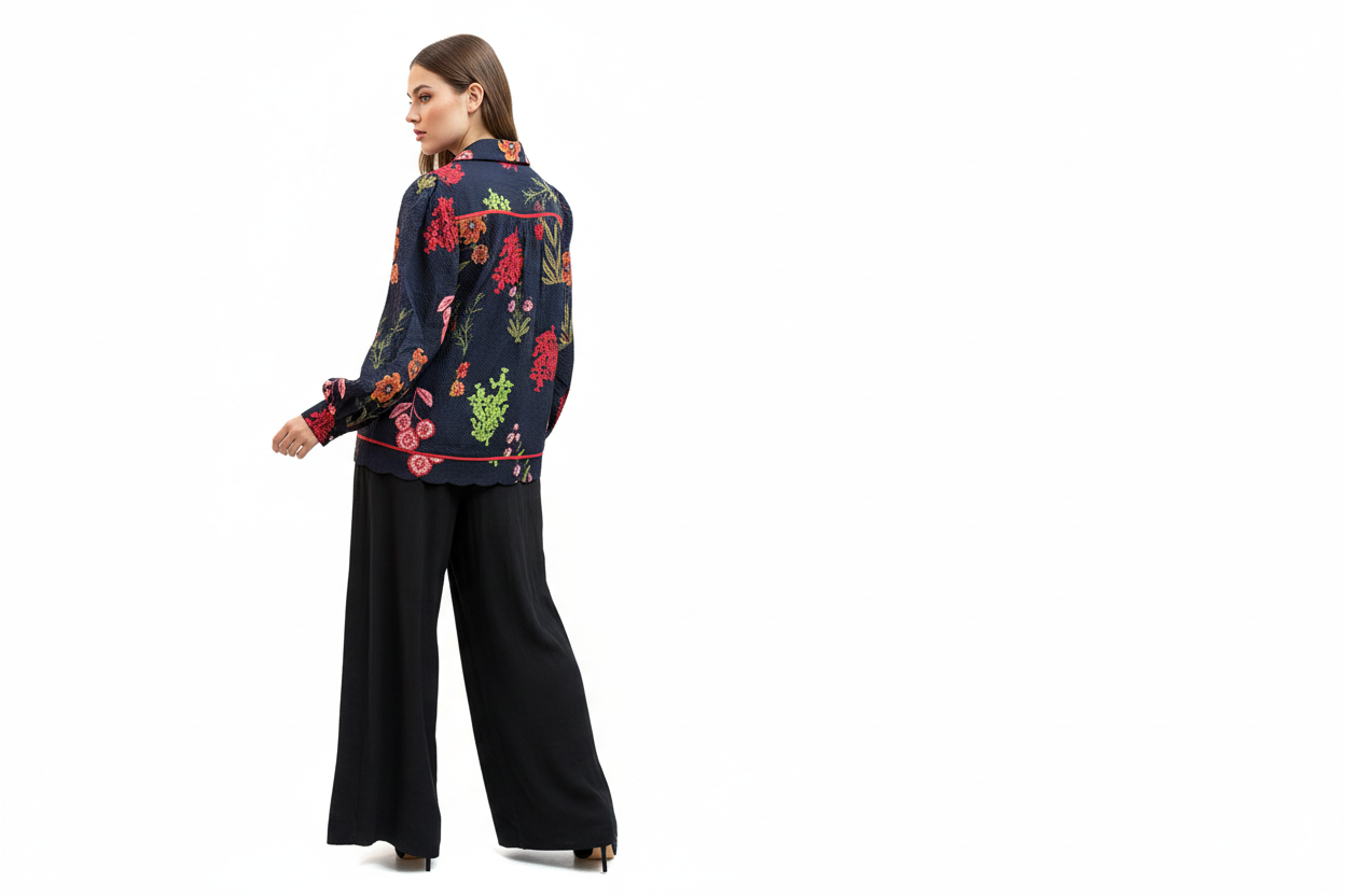 Umgee Floral Embroidered Top: Navy Blue with Colorful Flowers & Red Piping Trim