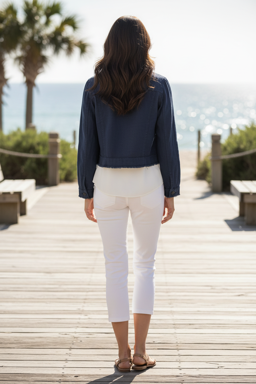 Lulu-B Navy Linen Frayed-Edge Button-Front Jacket