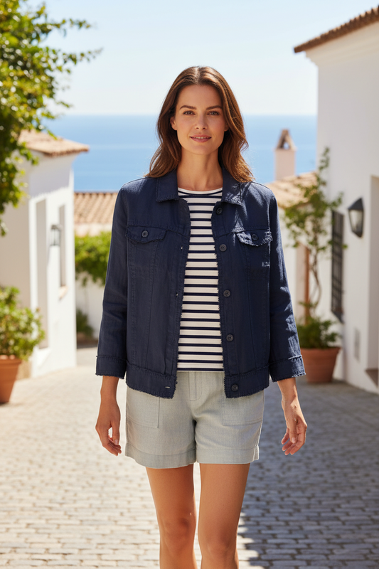 Lulu-B Navy Linen Frayed-Edge Button-Front Jacket