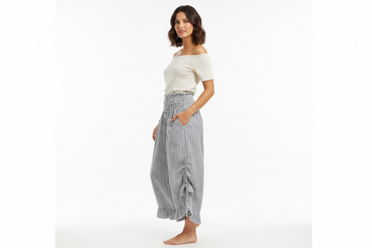 Cotton Wide Leg Bloomer Pants - Striped with Elastic Waist & Tie Pockets