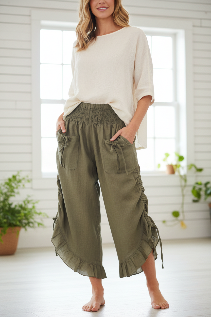 Cotton Wide Leg Bloomer Pants - Solid Colors with Elastic Waist & Tie Pockets
