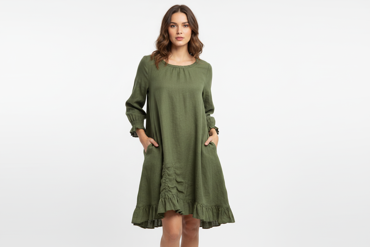 Handmade Olive Green Linen Dress with Ruffle Details - Made in USA