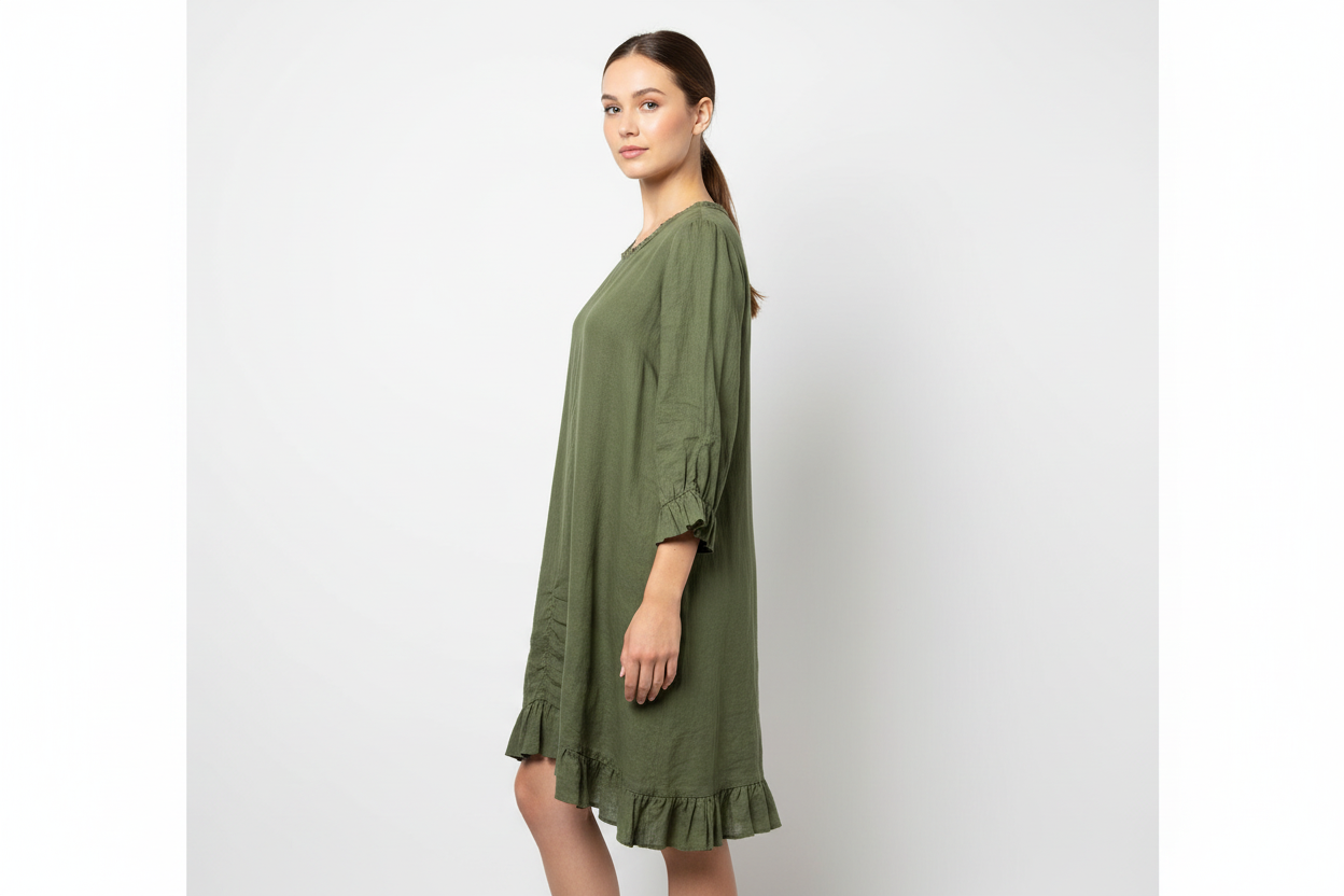Handmade Olive Green Linen Dress with Ruffle Details - Made in USA