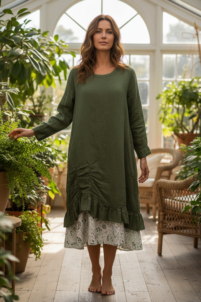 White Cotton Tank Slip Dress with Green Floral Ruffle