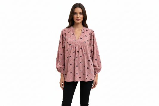 Pink Corduroy Top with Black Bow Print - Umgee