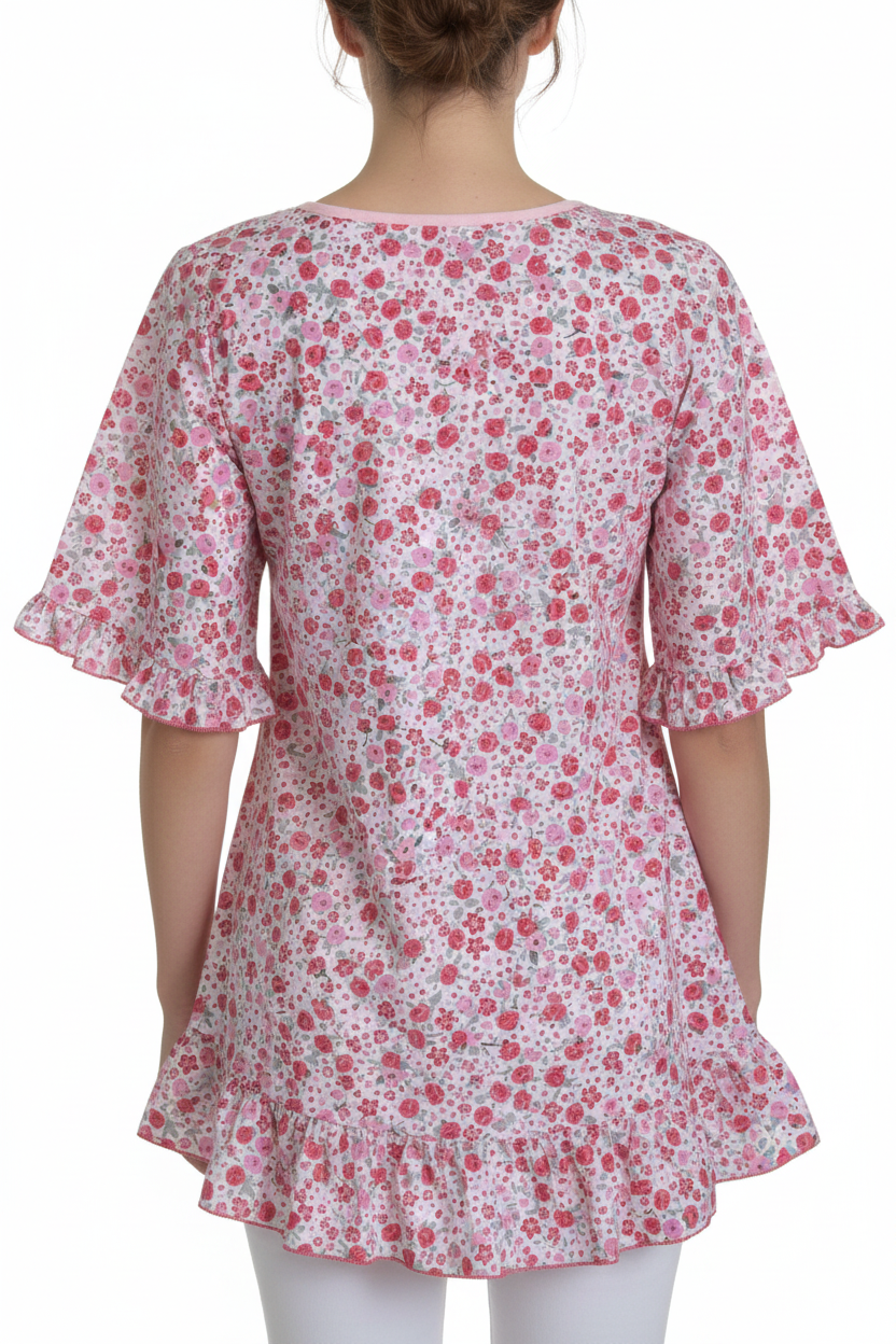Pink Floral Swing Top - 3/4 Ruffle Sleeve Cotton Top with Ruffled Hem (S-M)