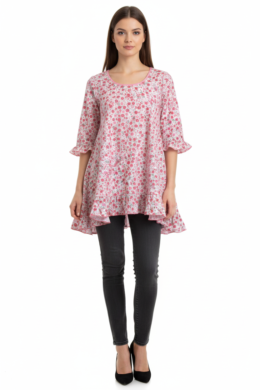 Pink Floral Swing Top - 3/4 Ruffle Sleeve Cotton Top with Ruffled Hem (S-M)