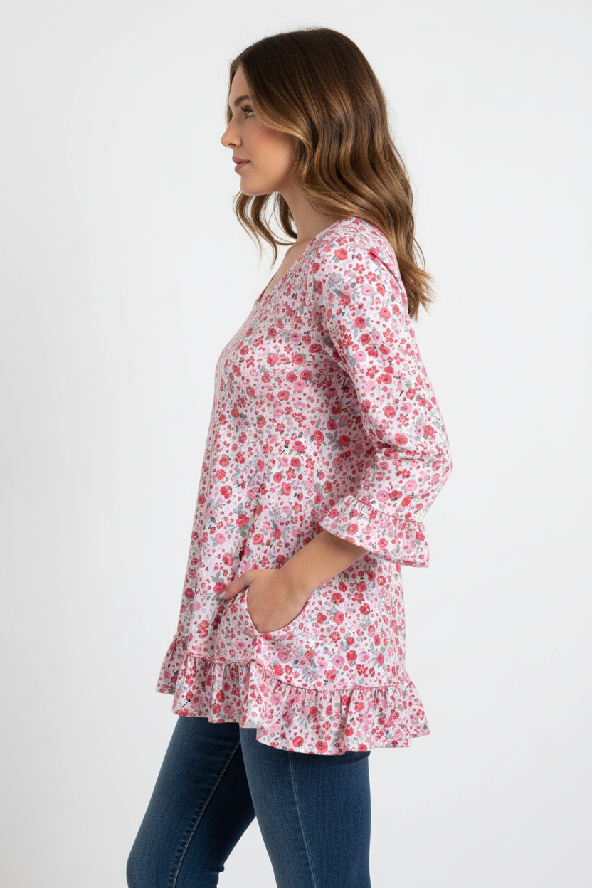 Pink Floral Swing Top - 3/4 Ruffle Sleeve Cotton Top with Ruffled Hem (S-M)