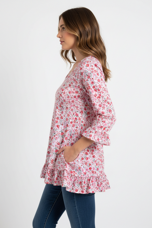 Pink Floral Swing Top - 3/4 Ruffle Sleeve Cotton Top with Ruffled Hem (S-M)
