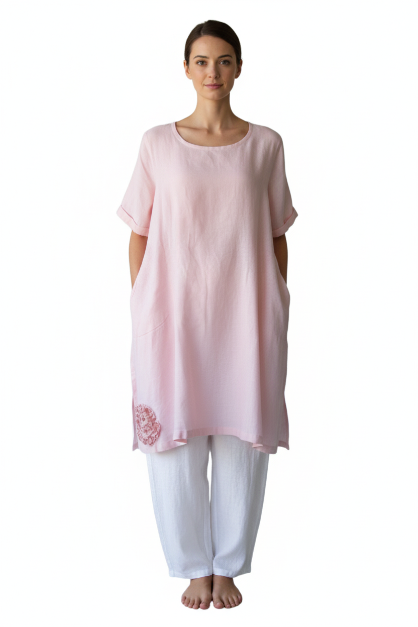 Handmade Linen Kaftan Tunic with Side Slits and Pockets