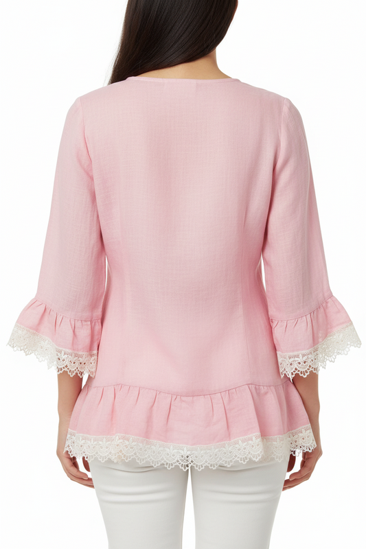 Pink Linen Ruffle Top with Venise Lace - Rosie