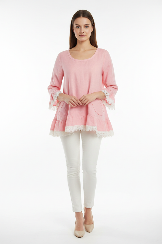 Pink Linen Ruffle Top - Front
