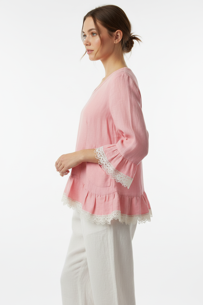 Pink Linen Ruffle Top with Venise Lace - Rosie