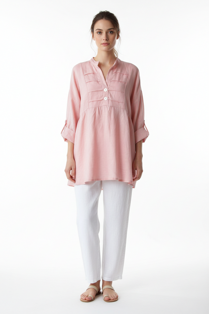 Linen Tunic Top with Collar and Pintuck Detail - Tori