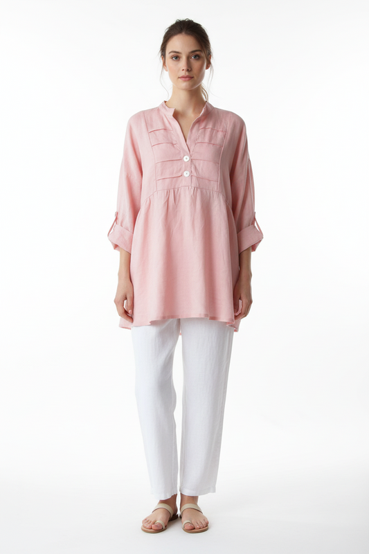 Linen Tunic Top with Collar and Pintuck Detail - Tori