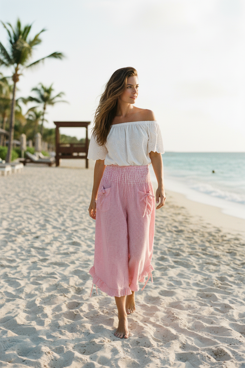 Cotton Wide Leg Bloomer Pants - Striped with Elastic Waist & Tie Pockets