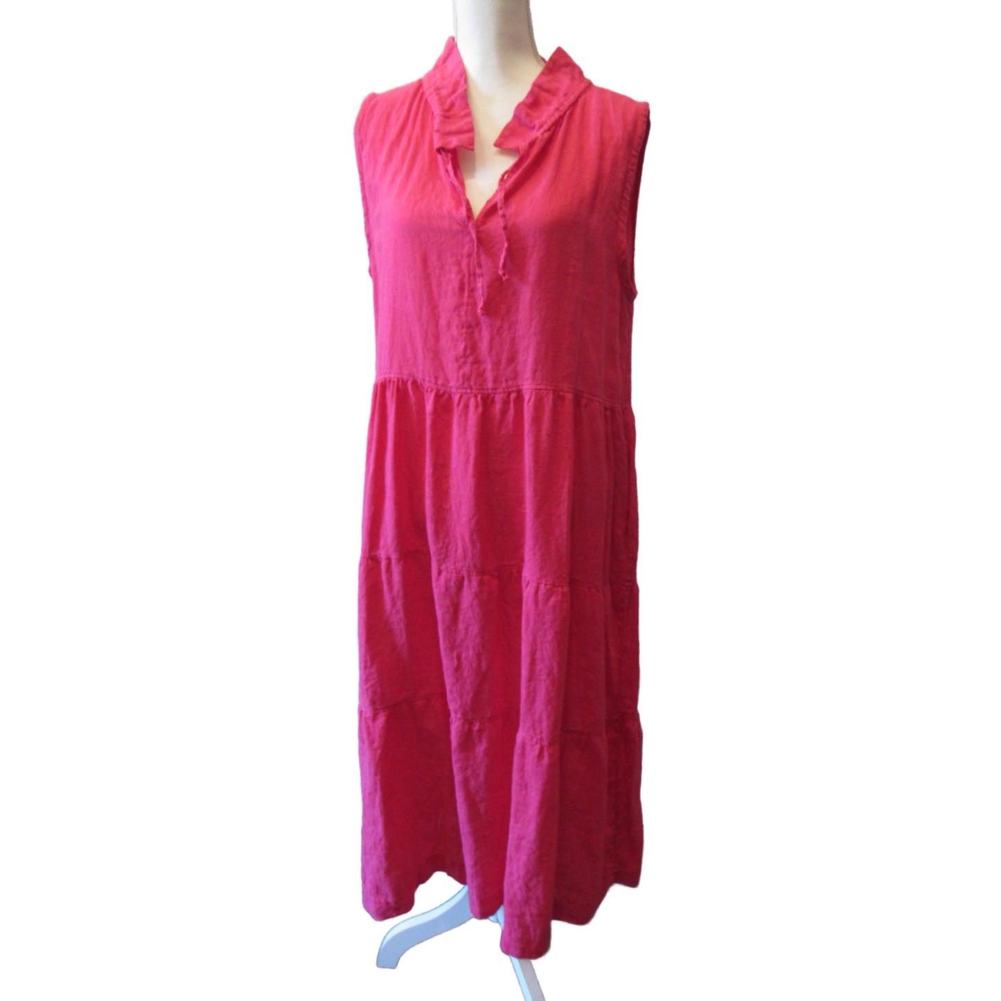 Hot Pink Linen Maxi Dress - Sleeveless Ruffle Collar Tiered Maxi