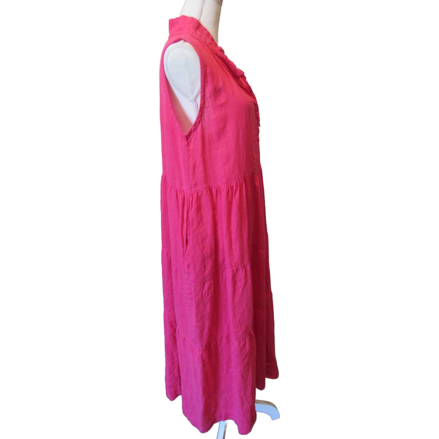 Hot Pink Linen Maxi Dress - Sleeveless Ruffle Collar Tiered Maxi