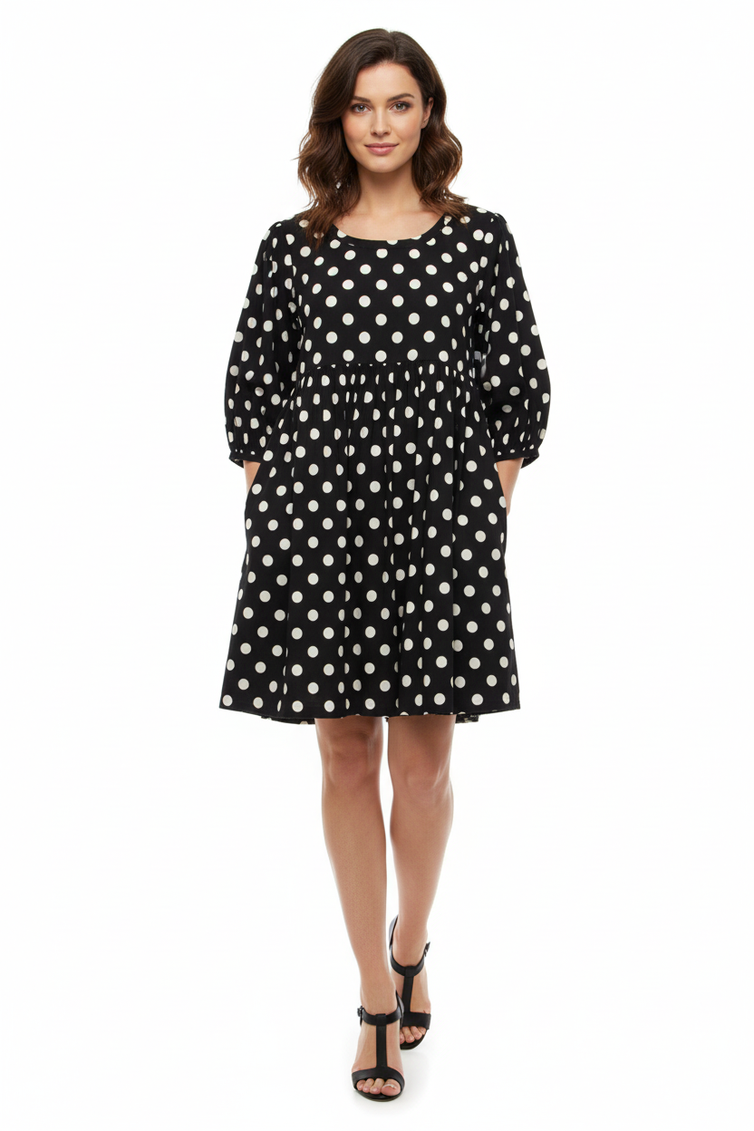 Black and White Polka Dot Cotton Tunic Dress - Penelope
