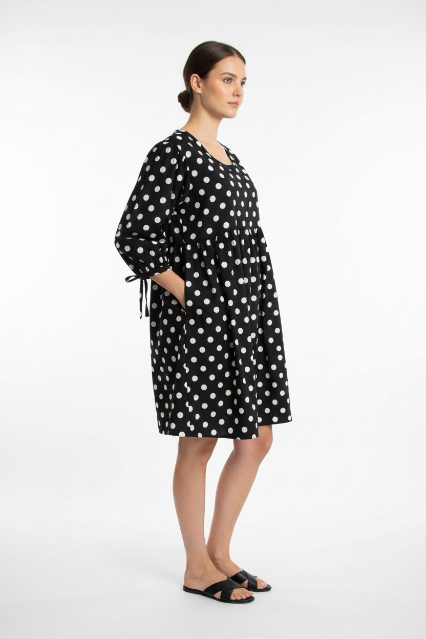 Black and White Polka Dot Cotton Tunic Dress - Penelope
