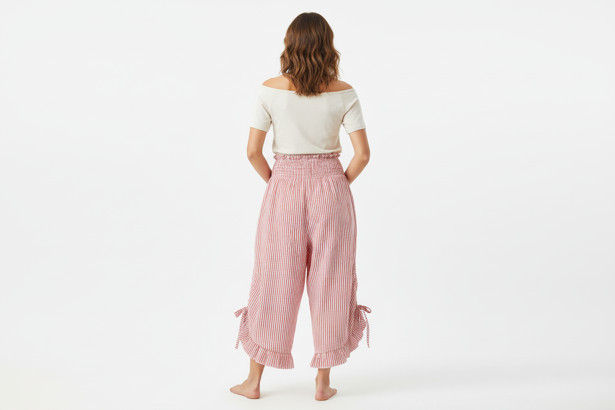 Cotton Wide Leg Bloomer Pants - Striped with Elastic Waist & Tie Pockets