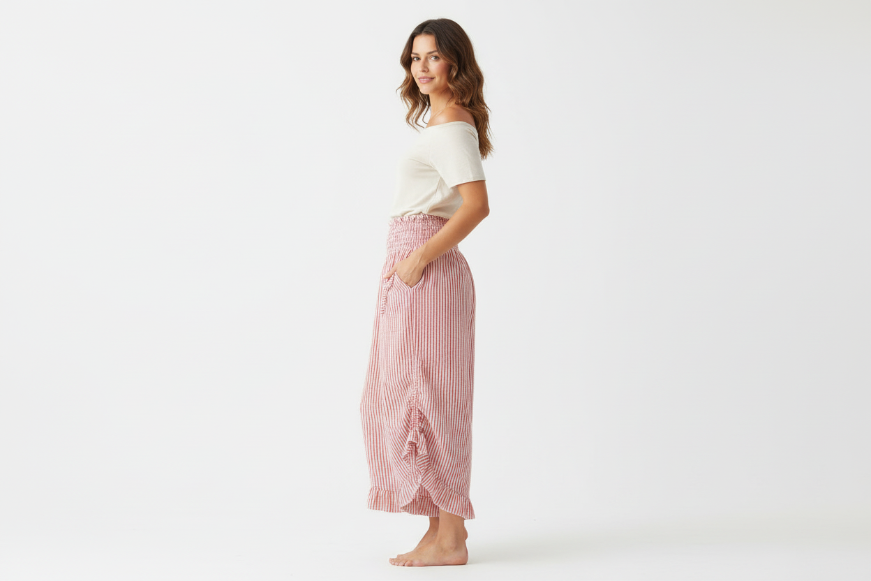 Cotton Wide Leg Bloomer Pants - Striped with Elastic Waist & Tie Pockets