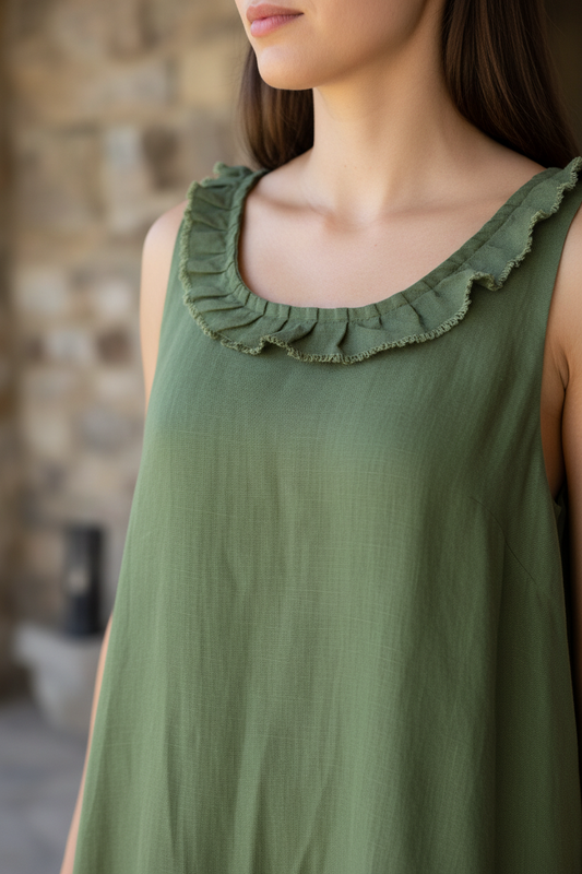 Sage Green Linen Dress - Ruffle Collar Midi with Pockets and Tiered Hem