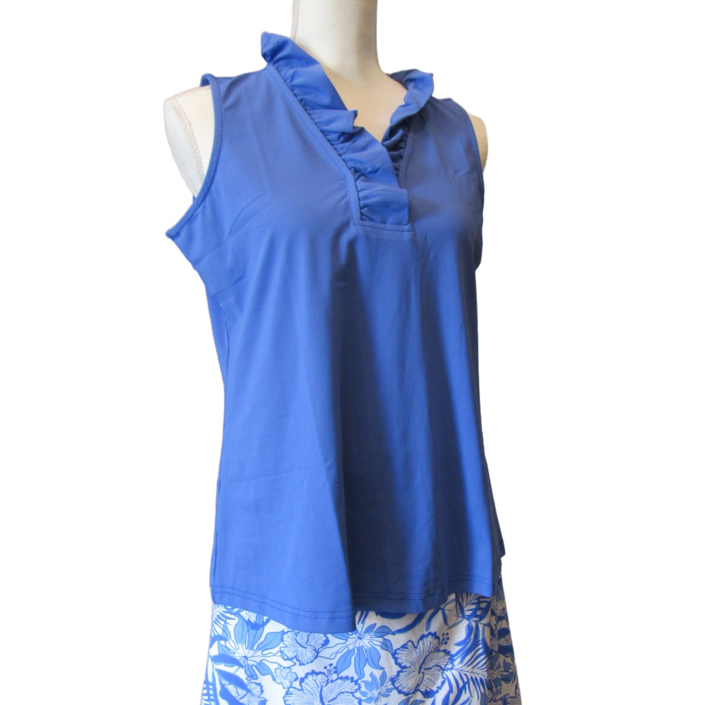 Blue Sleeveless Ruffle Collar Top - Elegant Sleeveless Blouse