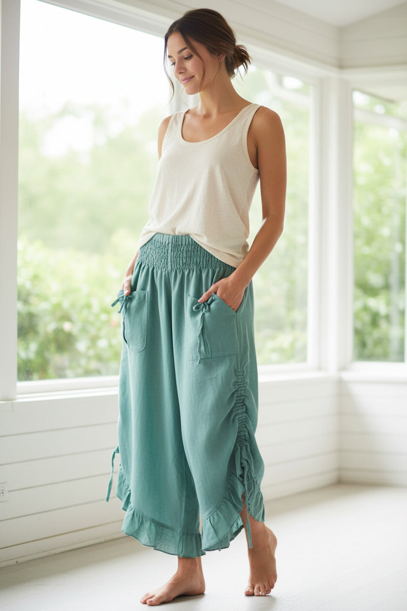 Cotton Wide Leg Bloomer Pants - Solid Colors with Elastic Waist & Tie Pockets