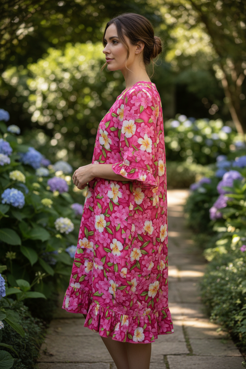 Hot Pink Floral Tunic Dress - Short Ruffle Sleeve Cotton Dress with Ruffle Hem & Pockets (XS)