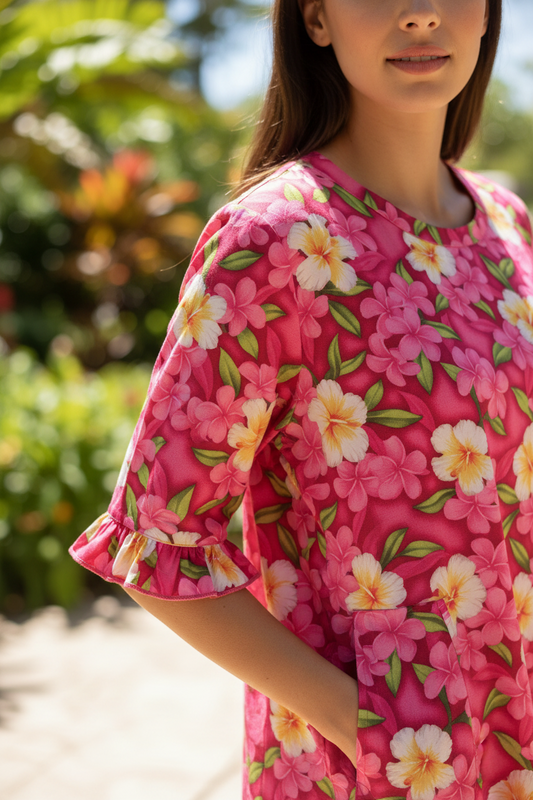 Hot Pink Floral Tunic Dress - Short Ruffle Sleeve Cotton Dress with Ruffle Hem & Pockets (XS)