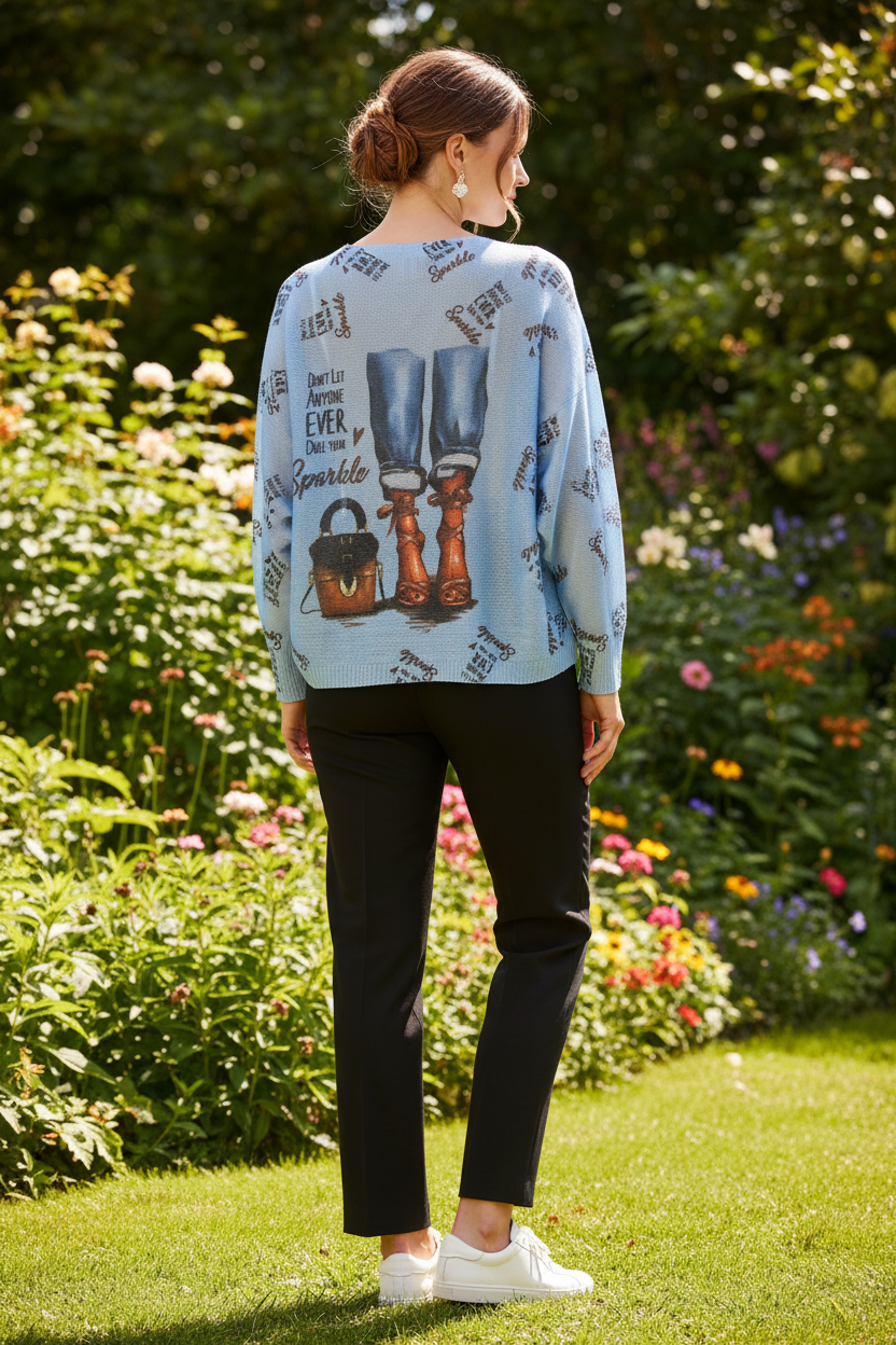 Loowie Sparkle Graphic Knit Sweater - Blue - One Size