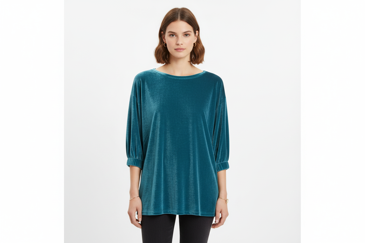 L&B Life Luxe Velvet Top: Teal Turquoise with Gathered Sleeves