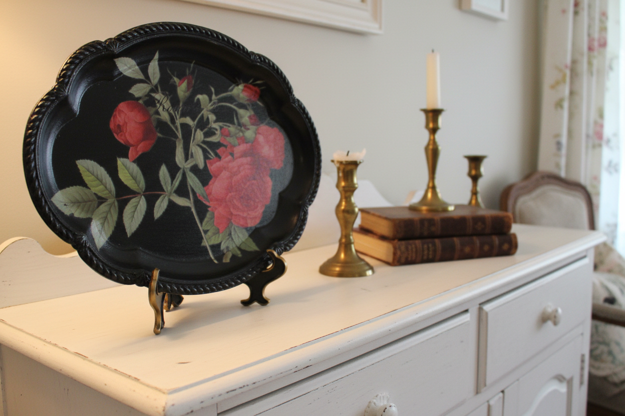 Black and red tole tray style tray