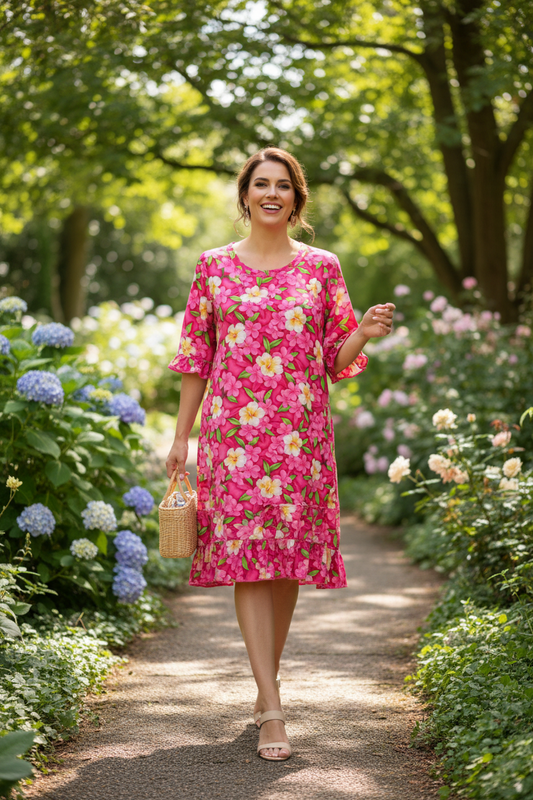 Hot Pink Floral Tunic Dress - Short Ruffle Sleeve Cotton Dress with Ruffle Hem & Pockets (XS)