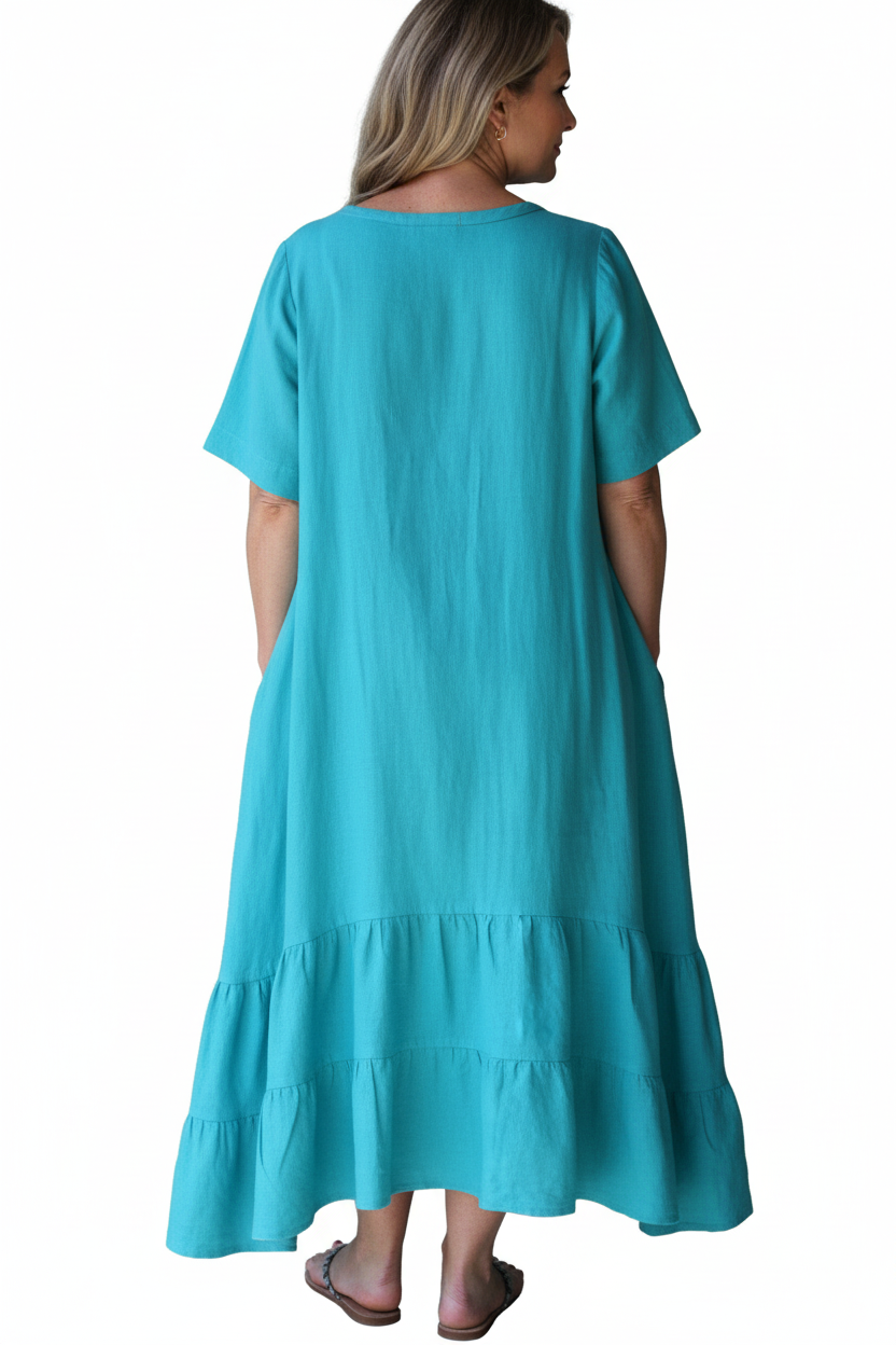 Turquoise Linen Boho Midi Dress with Tiered Ruffle Hem - Sassy Rags