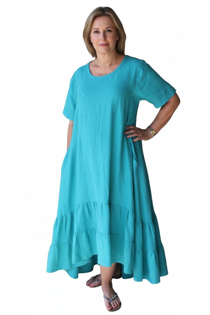 Turquoise Linen Boho Midi Dress with Tiered Ruffle Hem - Sassy Rags