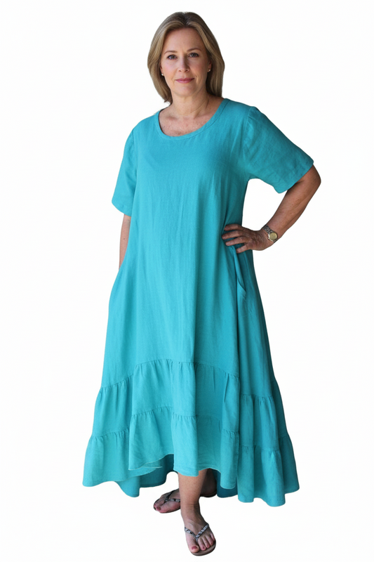 Turquoise Linen Boho Midi Dress with Tiered Ruffle Hem - Sassy Rags