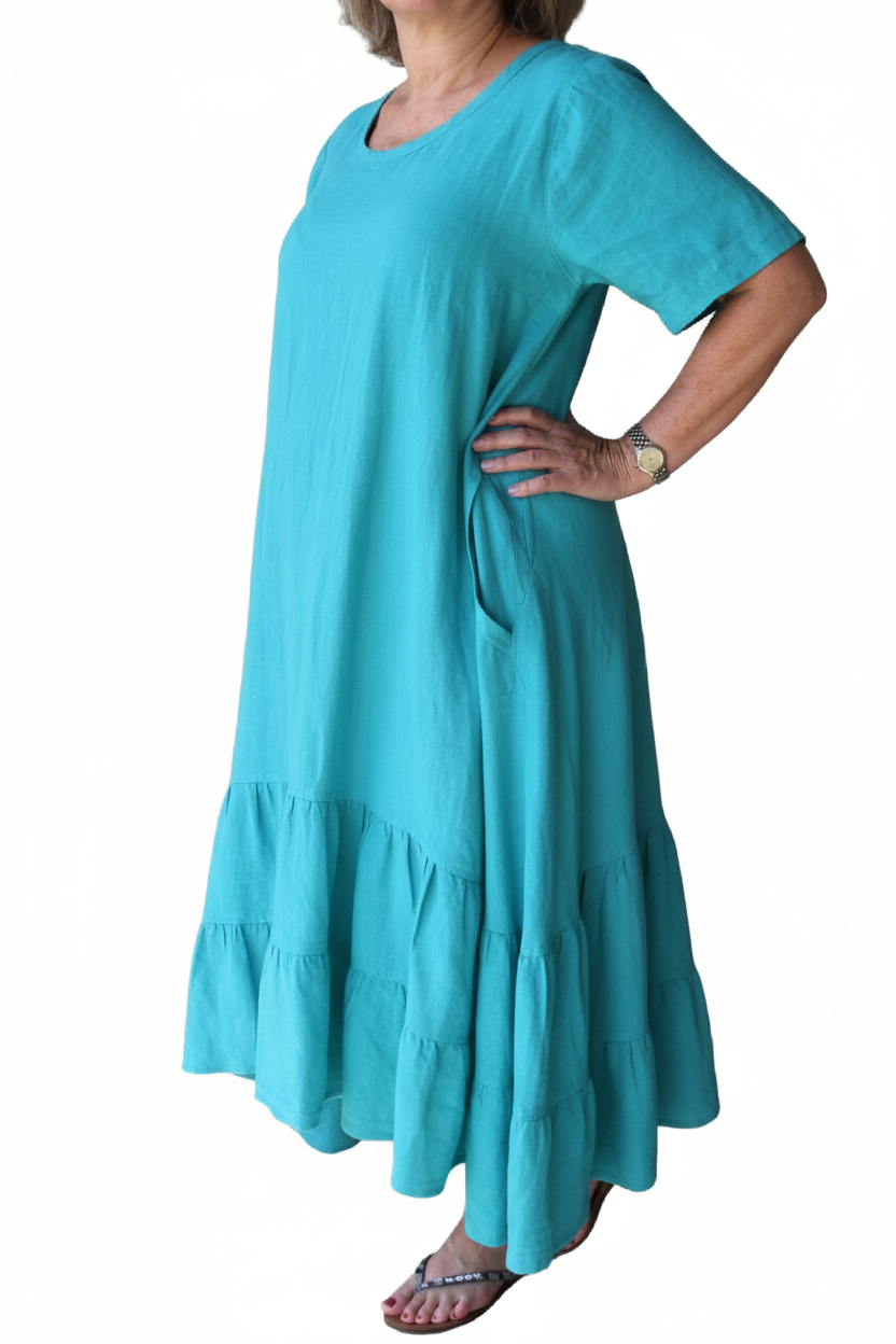 Turquoise Linen Boho Midi Dress with Tiered Ruffle Hem - Sassy Rags