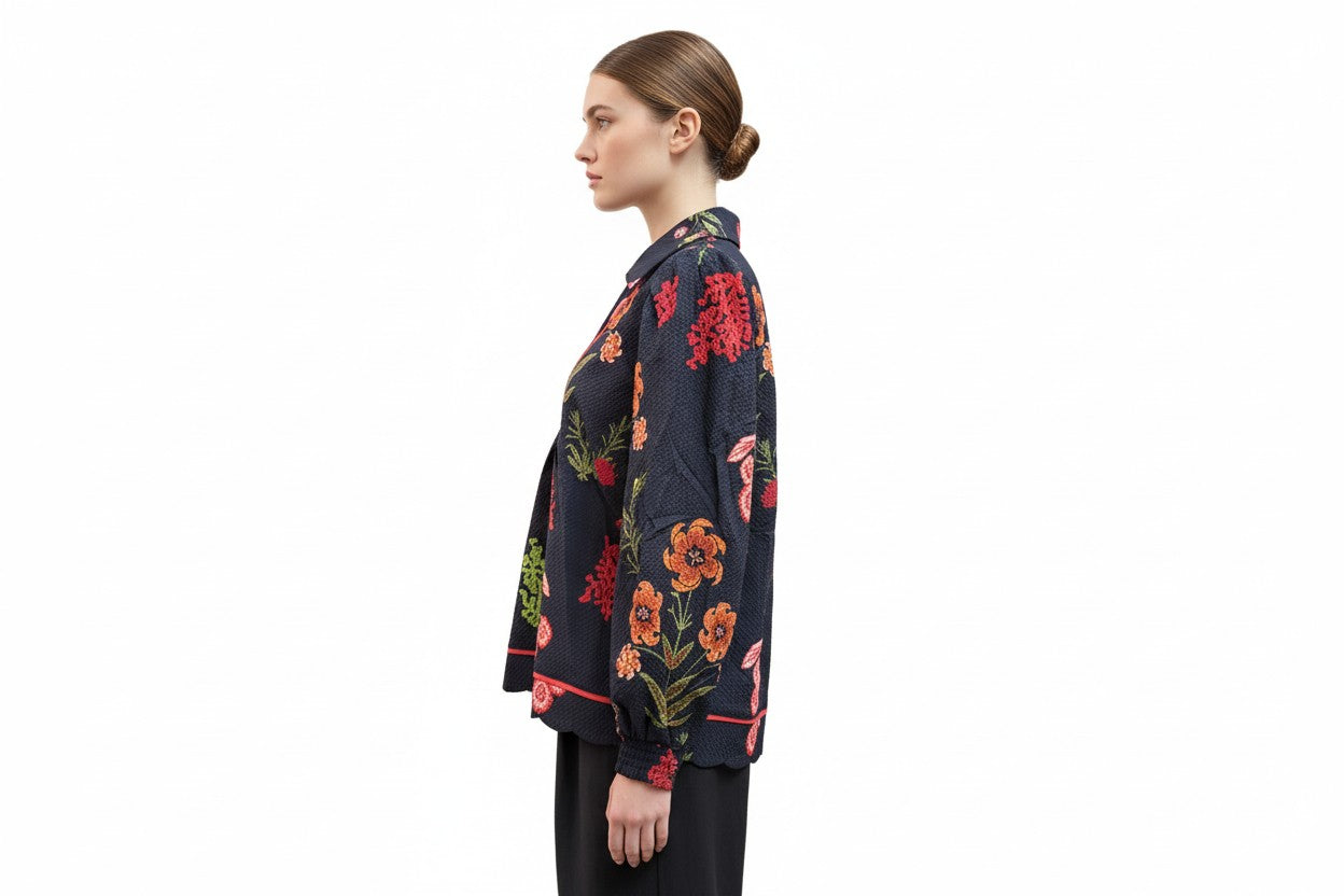 Umgee Floral Embroidered Top: Navy Blue with Colorful Flowers & Red Piping Trim