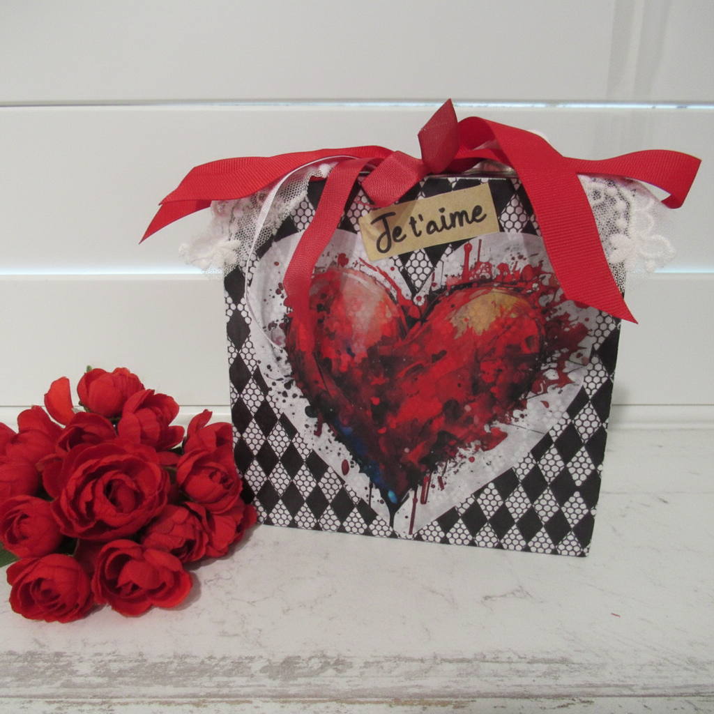 Handmade Valentine's Day Shelf Sitter - Black & White Herringbone with Lace