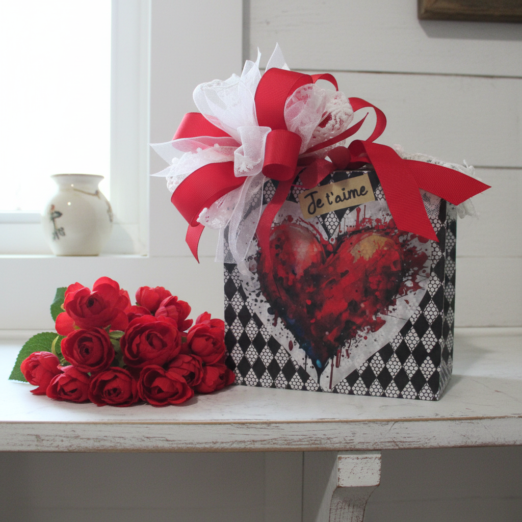Handmade Valentine's Day Shelf Sitter - Black & White Herringbone with Lace