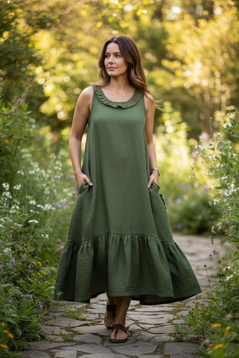 Sage Green Linen Dress - Ruffle Collar Midi with Pockets and Tiered Hem