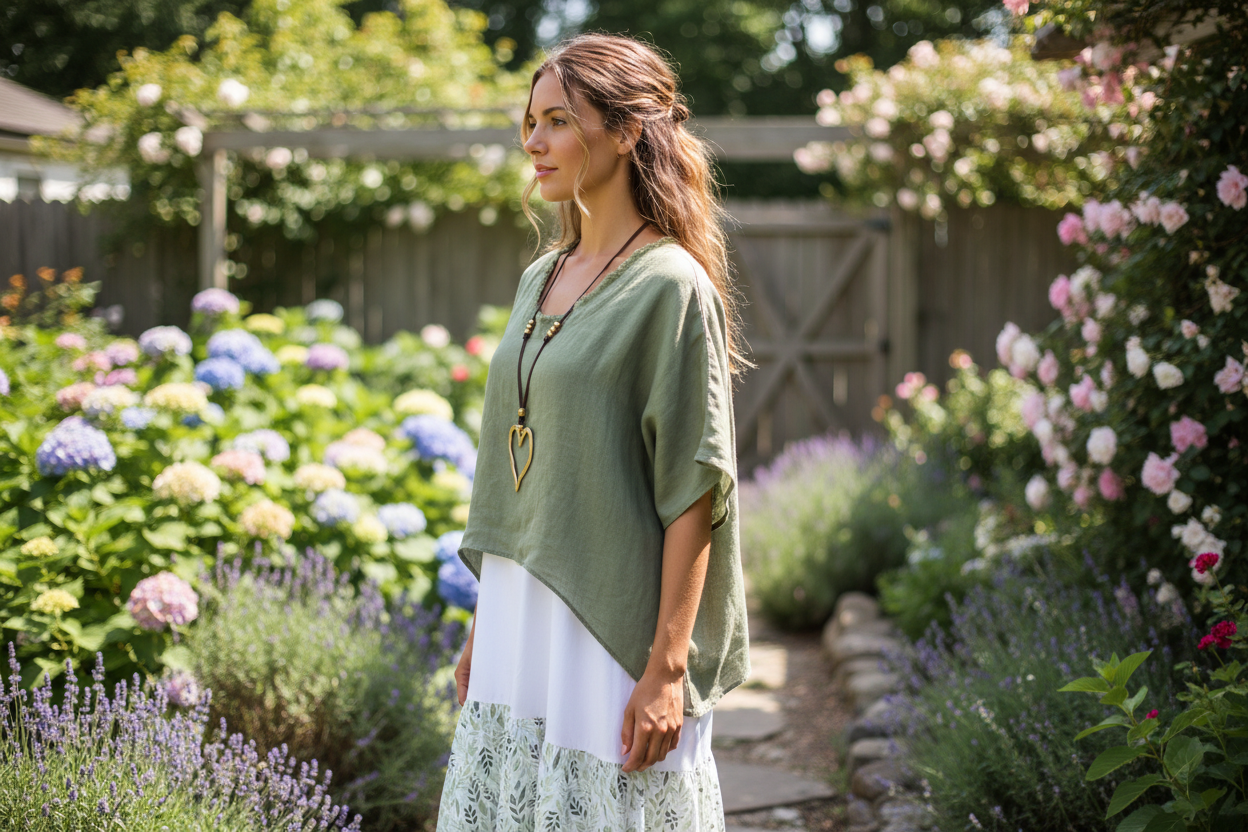 Sage Green Linen Hi-Low Topper - Frayed Neckline Layering Top